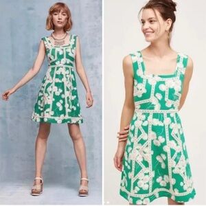 Anthropologie Maeve Emma‎ Dress Green Cream Floral Lace Size 4